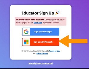 Screenshot of Educator Signup. Arrow pointing to educator signup option through Microsoft