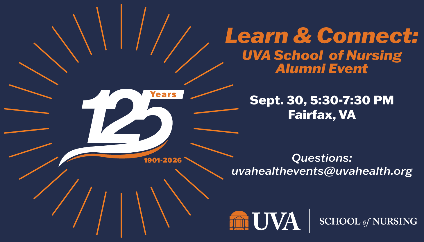 A dark blue background with white text in the foreground depicting the UVA School of Nursing 125th anniversary