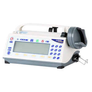 Portable syringe pump with a digital display and keypad.
