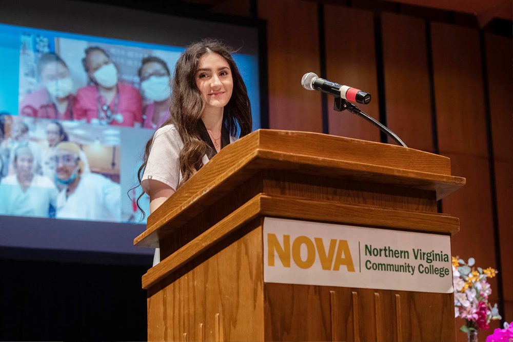 RN to BSN student Yasaman Khadem, an ICU nurse, speaking at her NVCC graduation.