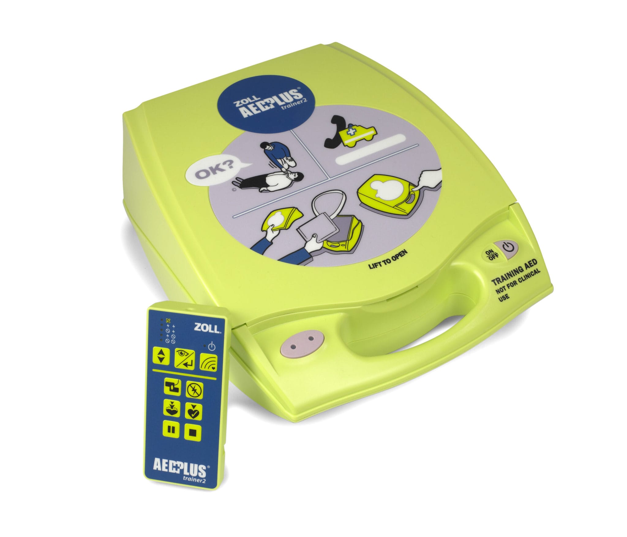 Portable AED (Automated External Defibrillator) with an accompanying set of electrode pads.