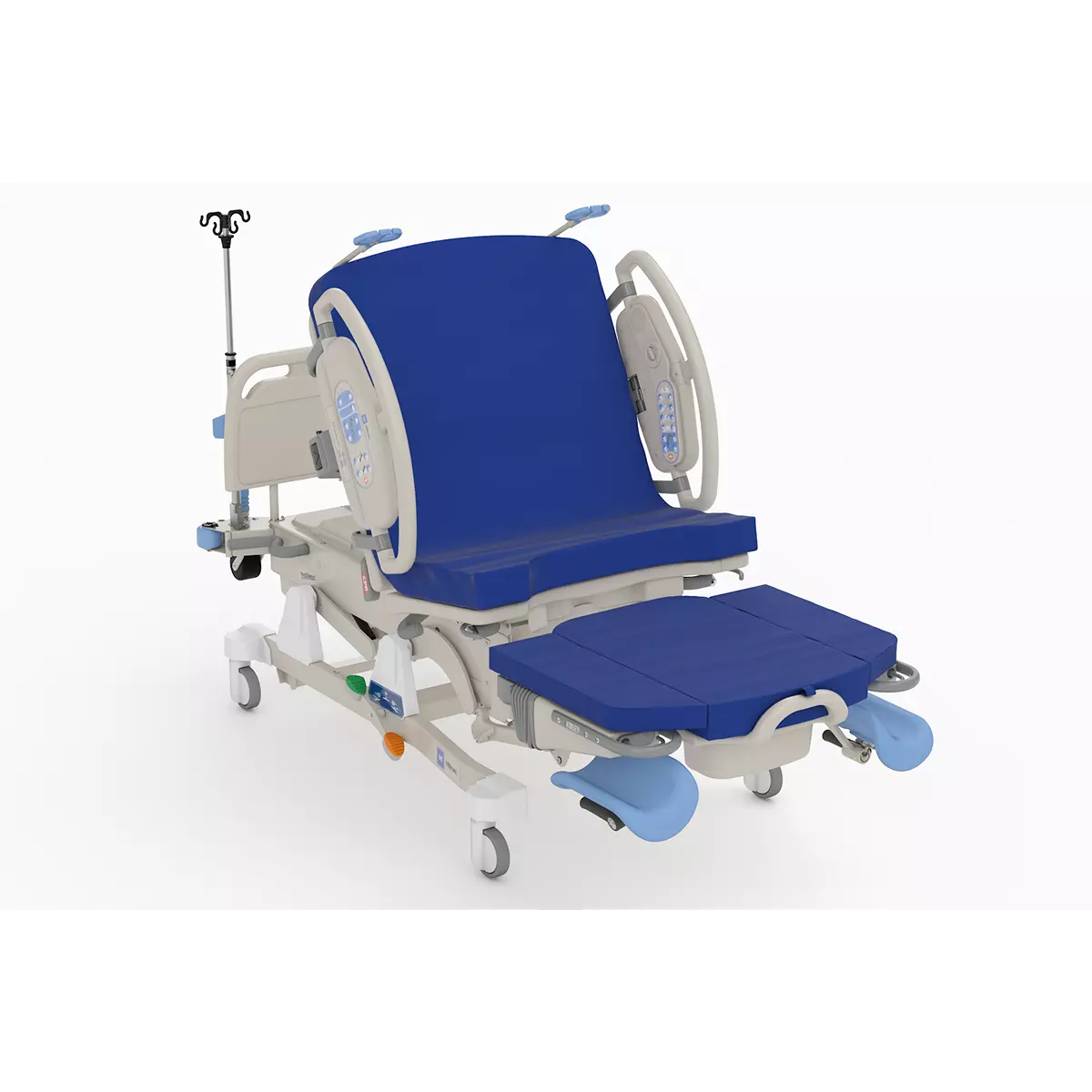 A 3D rendering of a modern hospital gurney or examination chair with a blue mattress and leg supports, designed for patient transport and care.