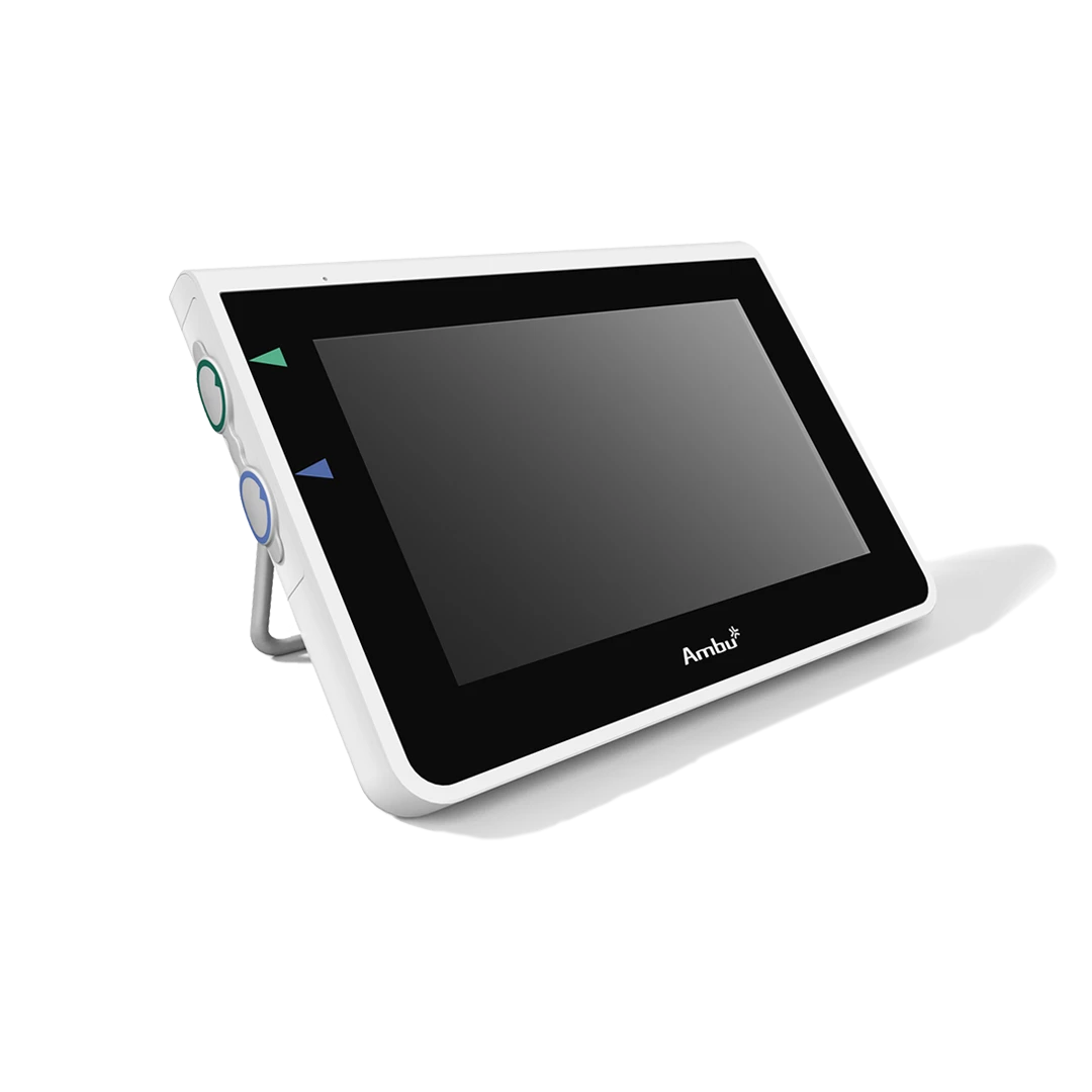 Portable medical tablet with a large screen and a stand.