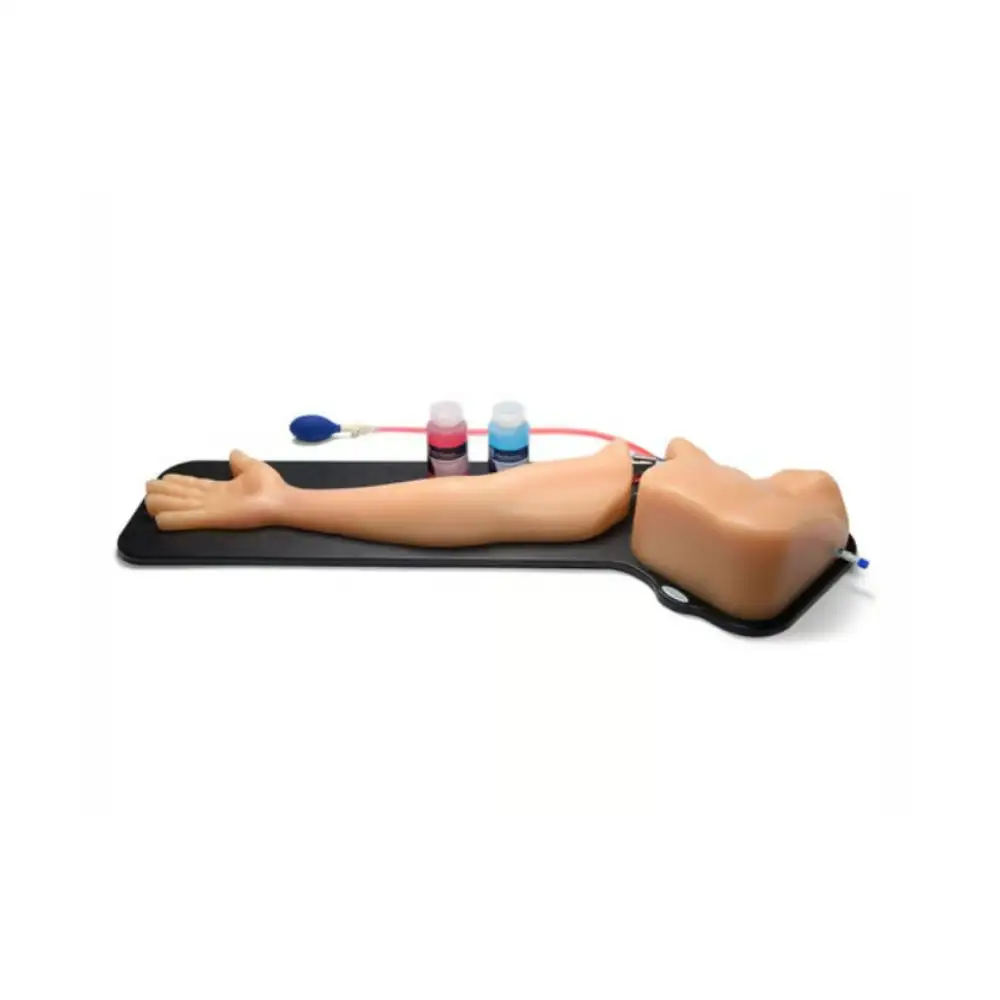 a manikin arm and chest combined together through a joint with an air bulb attached to a transparent line with colored liquid