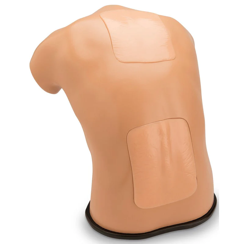 medical training manikin torso, viewed from the back, with a soft patch of artificial skin on the lumbar section, for practicing spinal injections or lumbar puncture