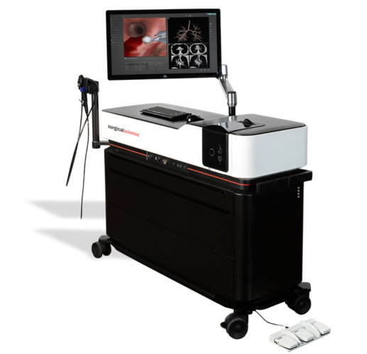 A medical training simulator on a rolling cart with a high-resolution display and a set of controls.