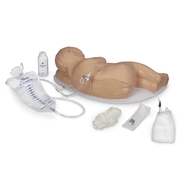 medical training manikin of an infant, surrounded by medical supplies like IV lines and catheters, used for practicing pediatric procedures