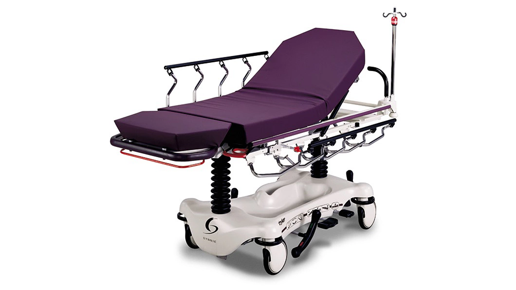 An adjustable medical stretcher with side rails and a purple mattress on a wheeled base.