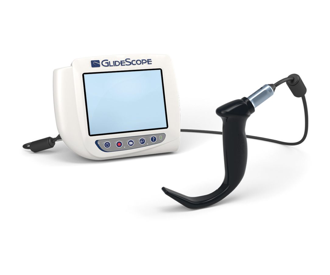 Portable video laryngoscope with a digital display monitor and a connected intubation blade.