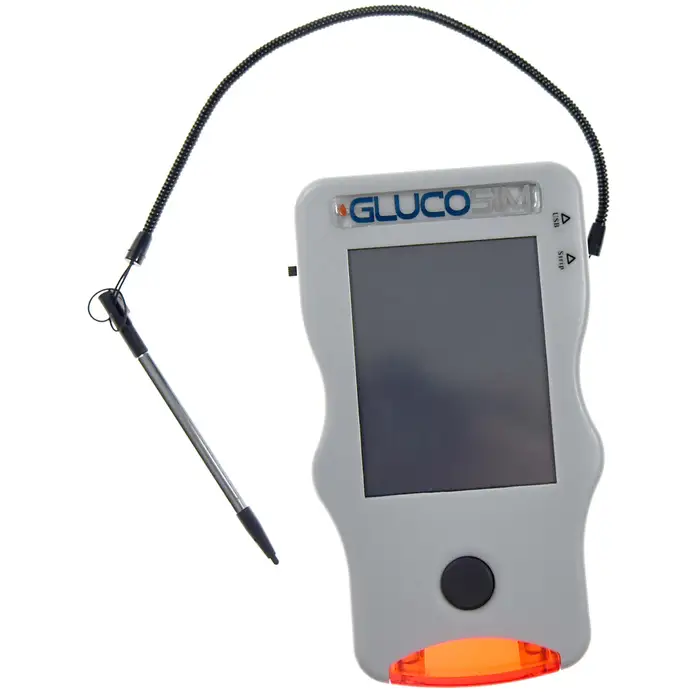 A portable digital medical device with a large screen, stylus, and lanyard.