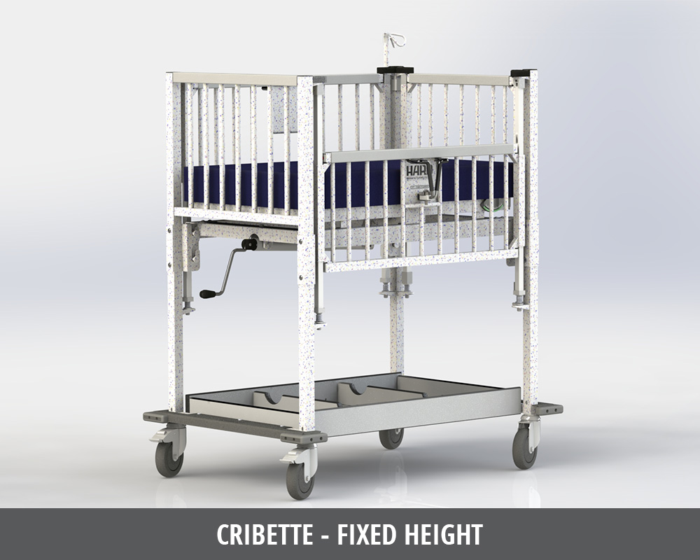 A detailed CAD rendering of a white, mobile hospital crib for infants, featuring adjustable sides and a blue mattress.