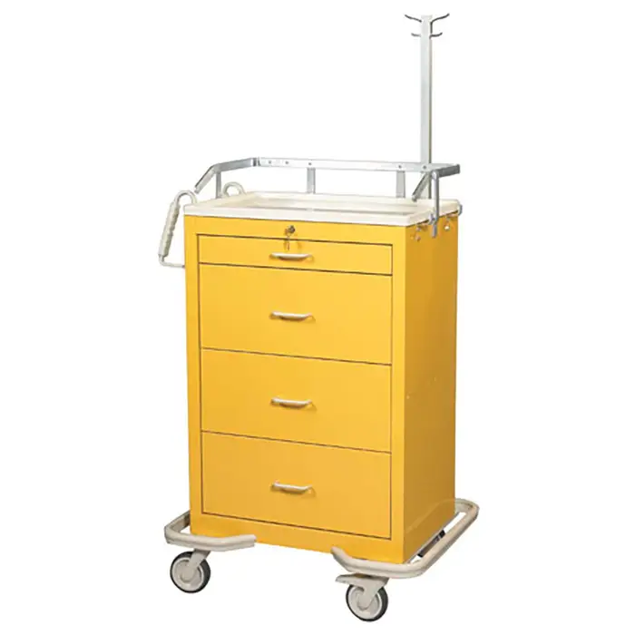 Yellow medical isolation cart with multiple drawers on wheels.