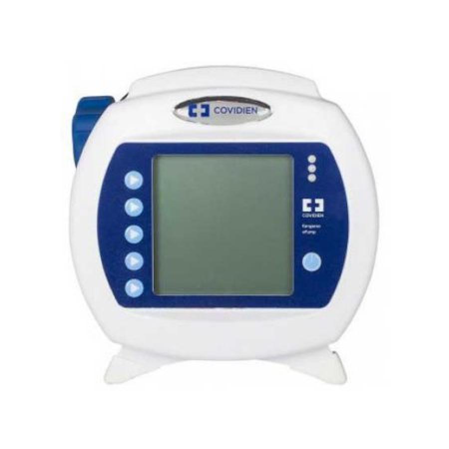 An infusion pump, a small, portable device with a white and blue casing, a central digital display, and side control buttons.