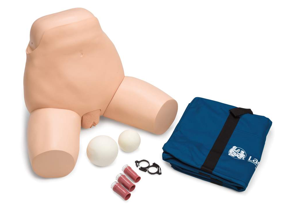 Medical torso manikin with pelvic examination with various equipment pieces