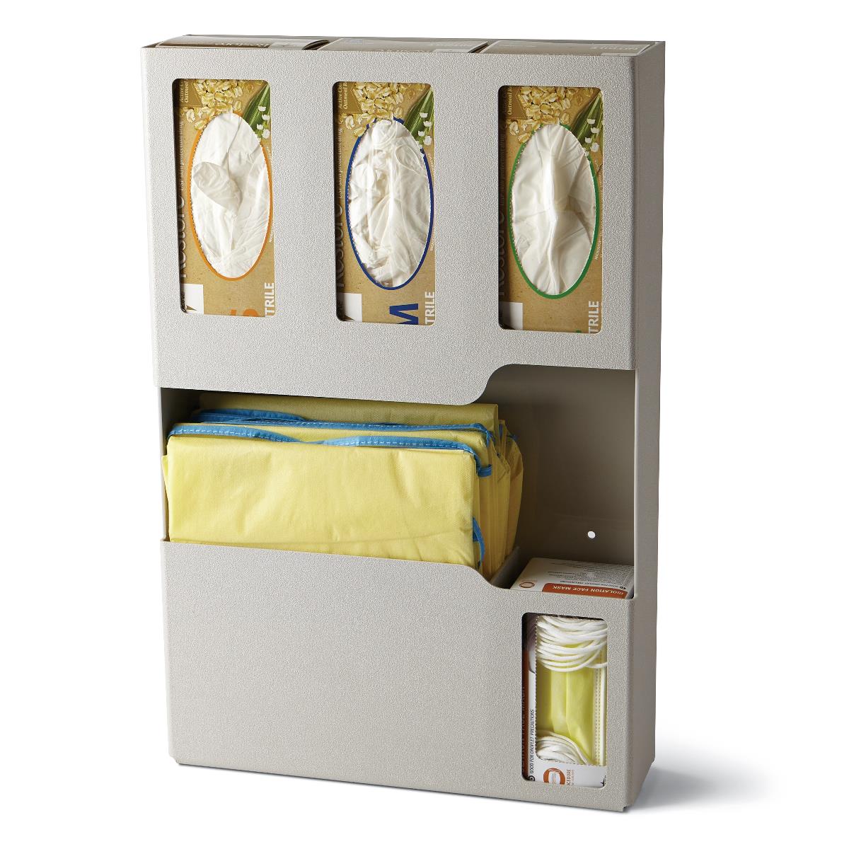 A wall-mounted dispenser for medical supplies, including three top compartments and a lower bin for boxes and smaller items.
