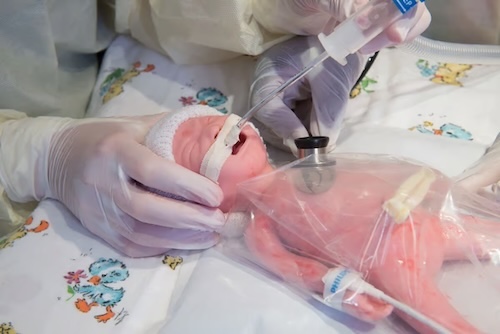 A medical professional in white gloves using a stethoscope on a premature newborn training manikin with a simulated umbilical cord.