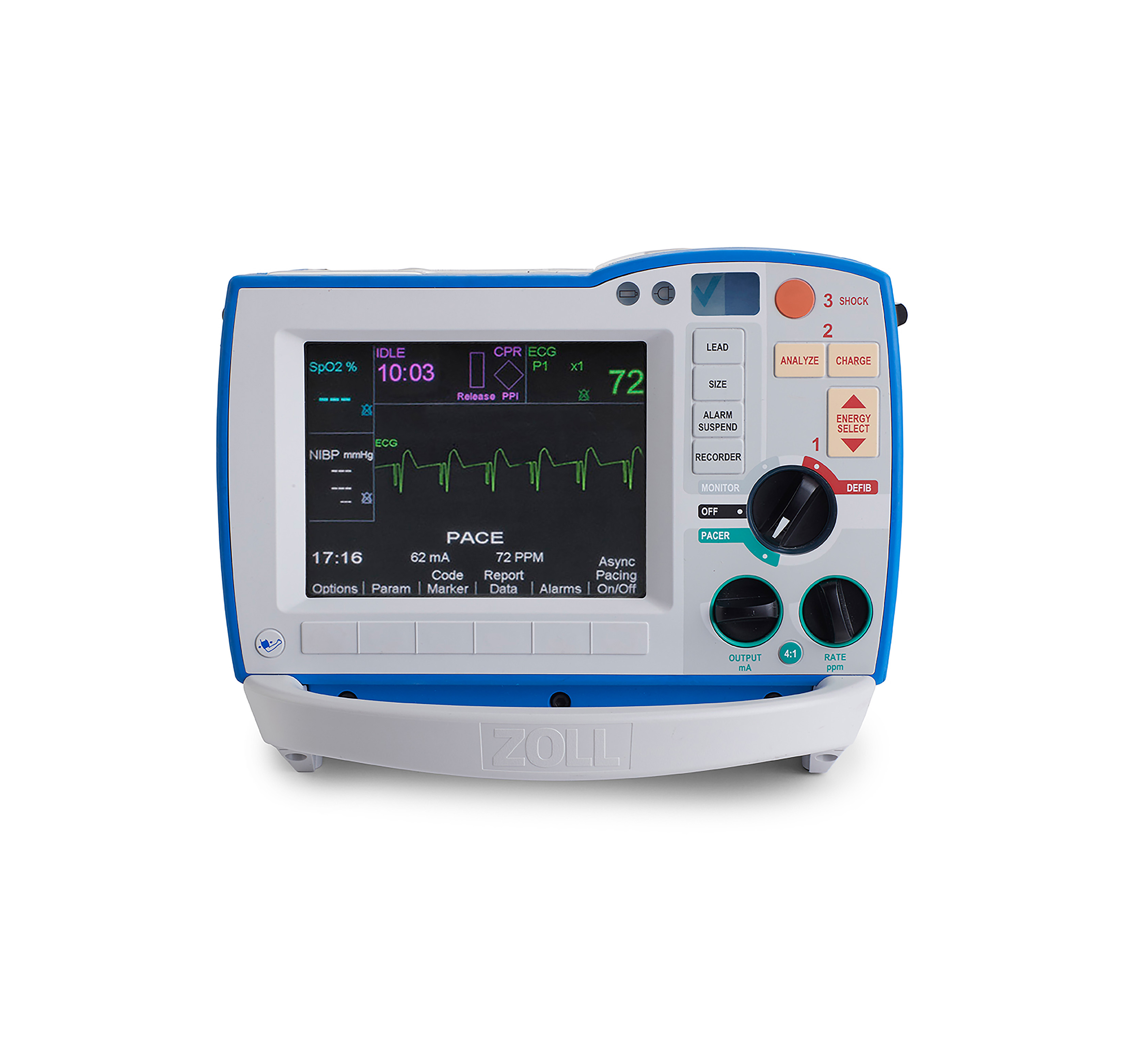 Portable medical monitor with a screen showing a vital signs display and several control knobs on the right.