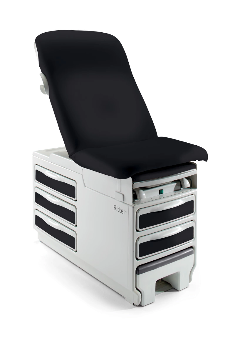 Black and white medical exam table with storage drawers and an adjustable backrest.