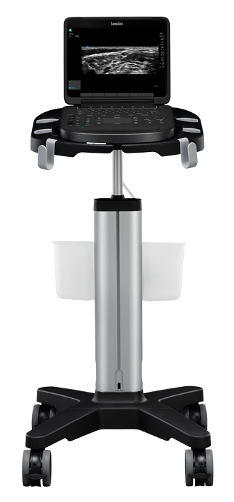 Portable medical IV pole with four hooks for hanging solution bags.