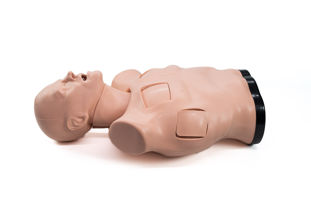 medical training manikin torso with a head, used for practicing CPR and other medical procedures