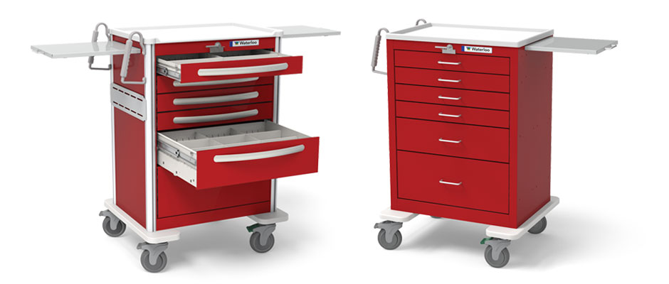 Red medical cart with multiple drawers, shown from two angles to highlight its storage and organization.